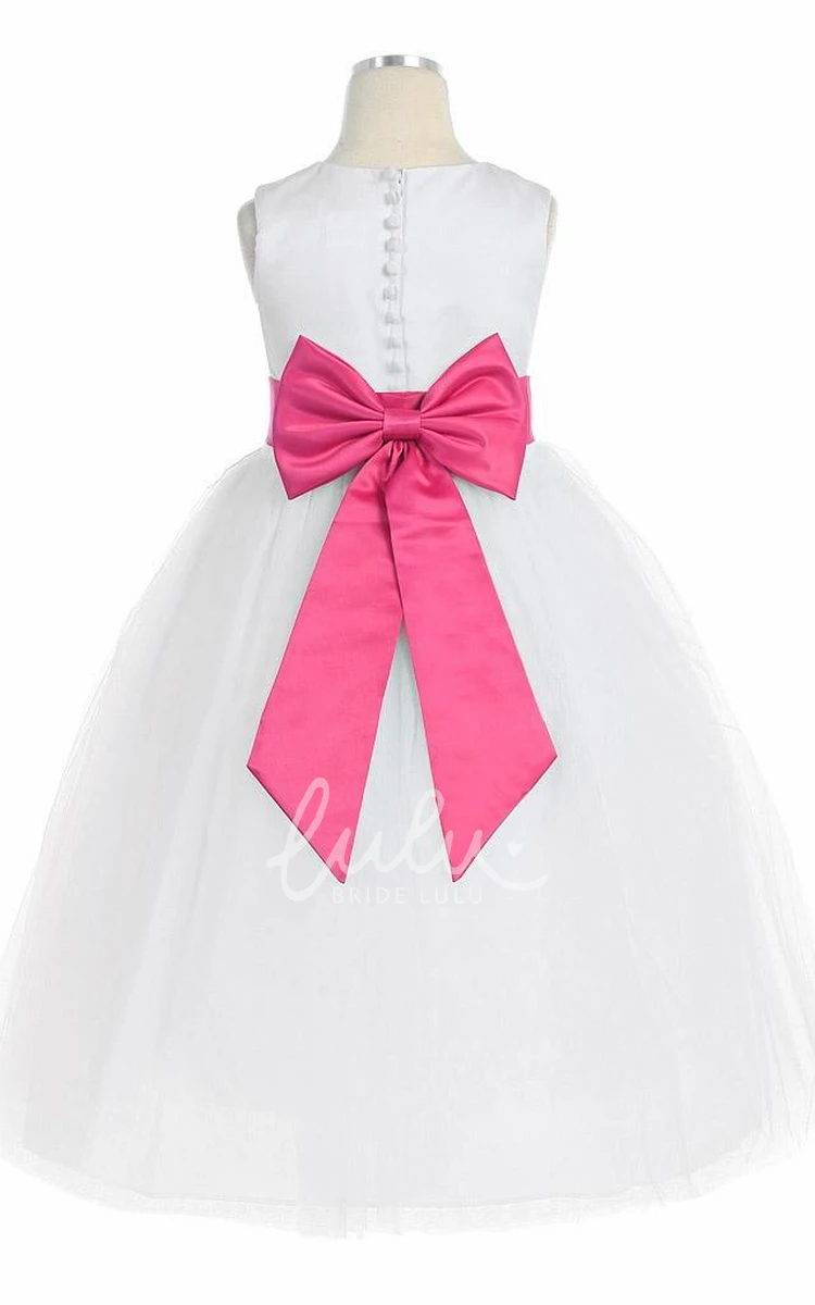 Sleeveless Bowed Tea-Length Flower Girl Dress in Tulle & Satin