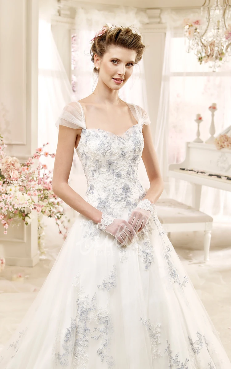 Sweetheart A-line Wedding Dress with Beaded Flowers and Brush Train Romantic Wedding Dress