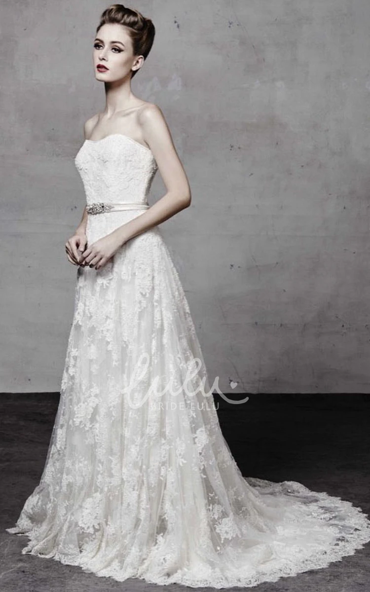 Strapless Lace Wedding Dress with Appliques Jeweled Long