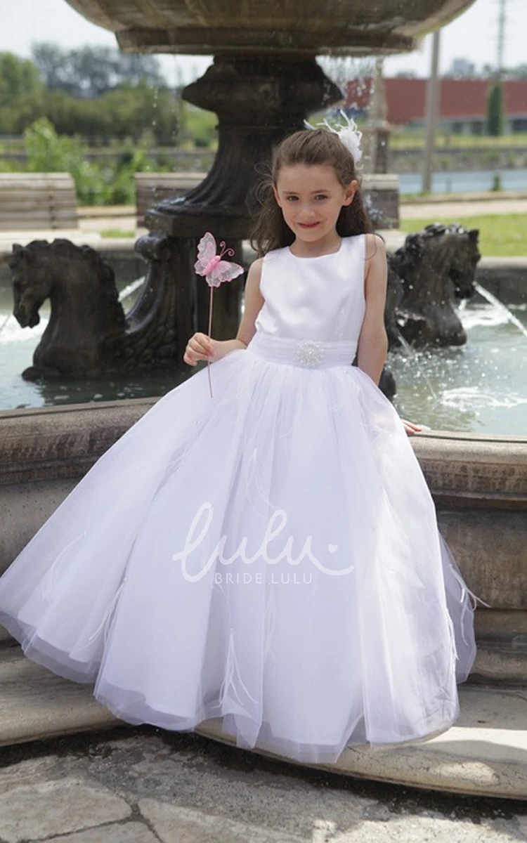 Taffeta Top Tulle Ball Gown with Pearl Waist Flower Girl Prom Dress