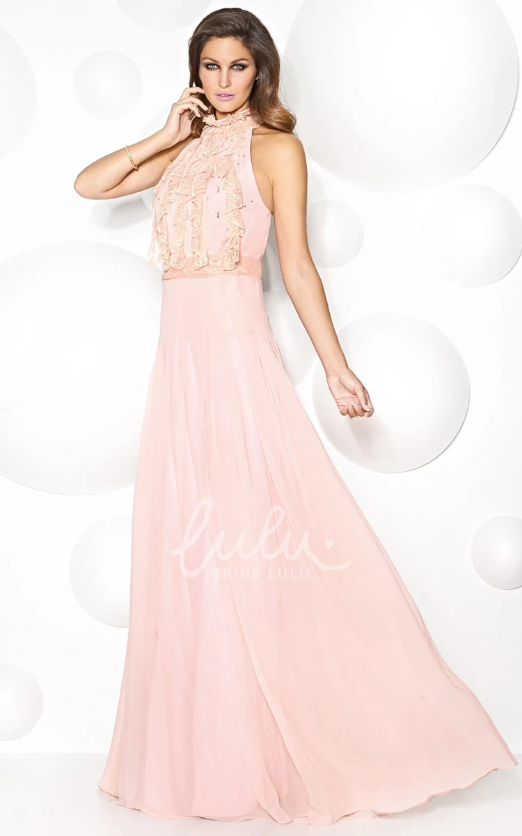 Sleeveless High-Neck Lace A-Line Chiffon Long Prom Dress Modern Formal Dress