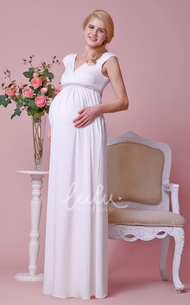 Maternity Wedding Dress with V-neck Cap-sleeves and Beading Details