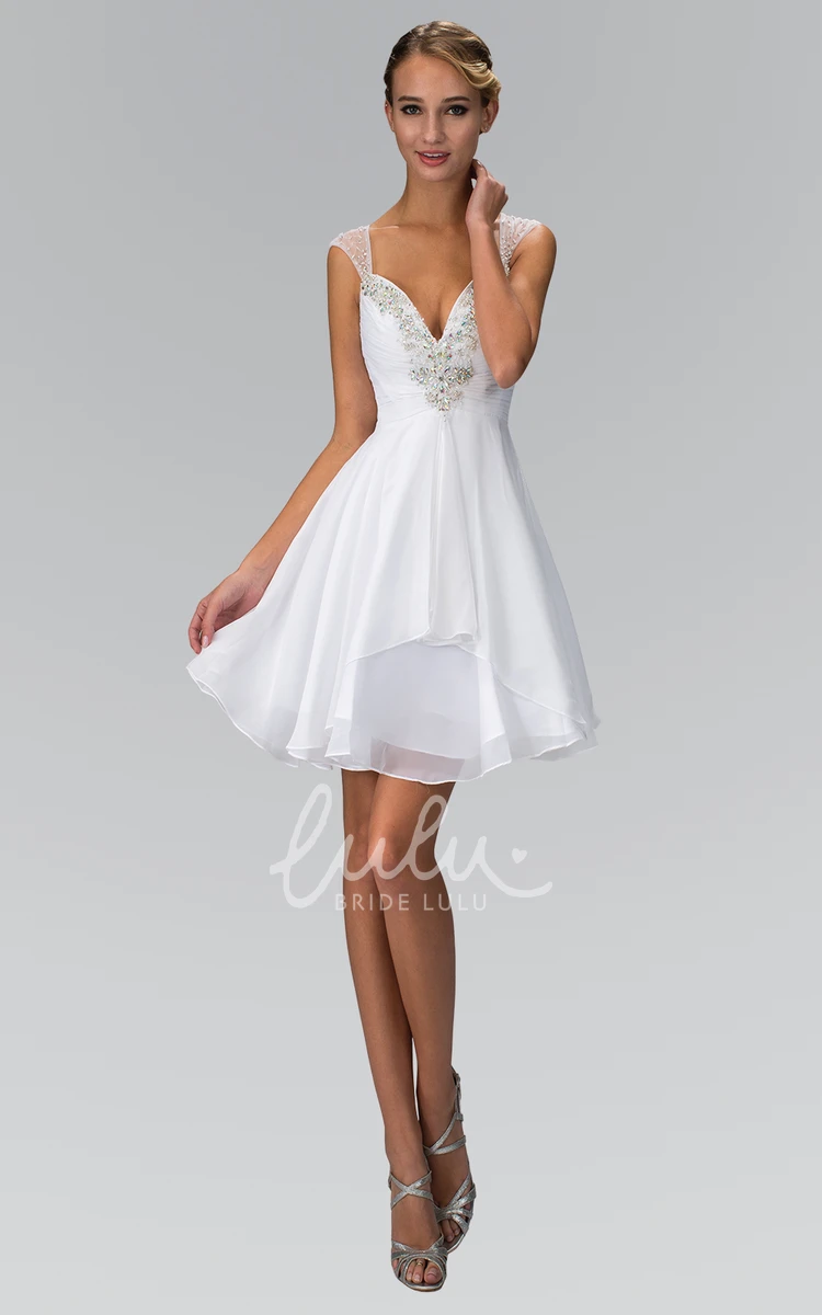 Chiffon Beaded A-Line Short Country Formal Dress with Queen Anne Neckline and Ruching