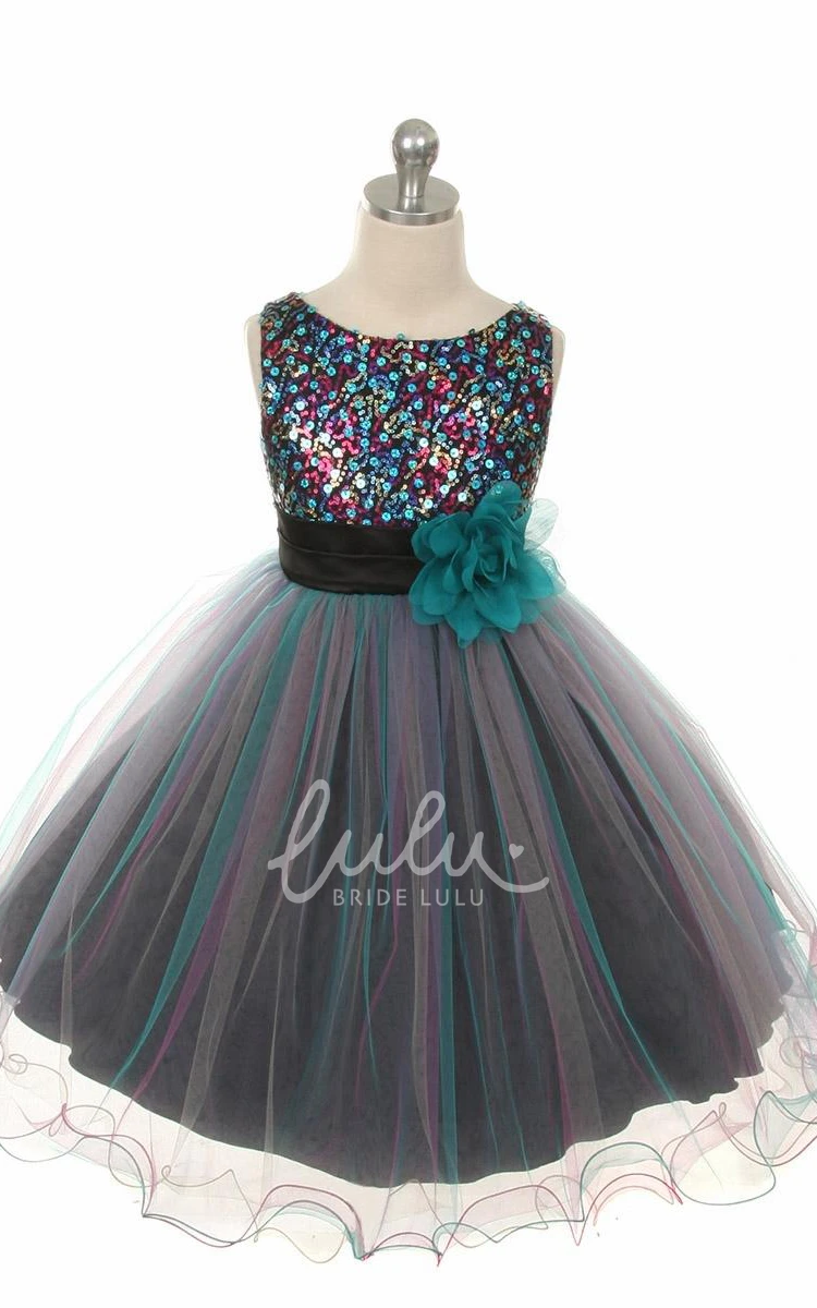 Pleated Tiered Satin Flower Girl Dress with Sequins Tea-Length