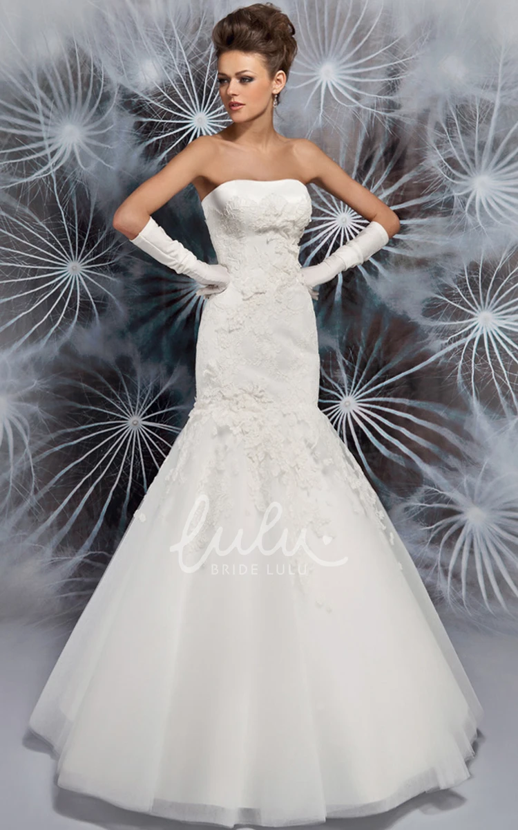 Satin&Lace Strapless A-Line Wedding Dress with Appliques and Bow Elegant Bridal Gown