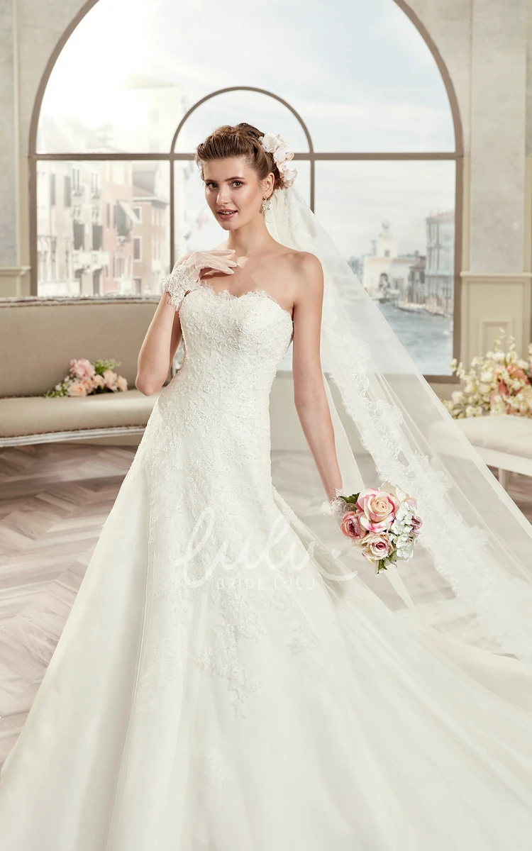 Lace Strapless A-Line Wedding Dress with Open Back and Brush Train