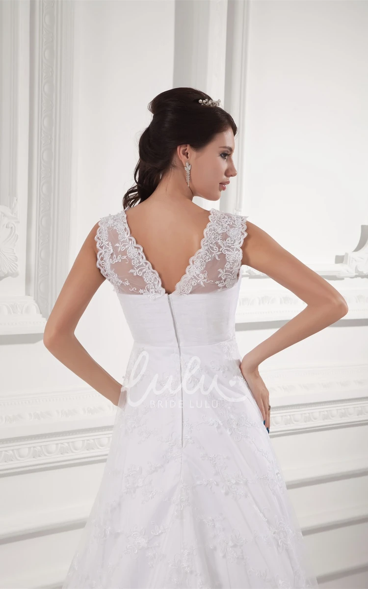 Lace A-line Wedding Gown with V-neck and Low-v Back Modern Bridal Dress