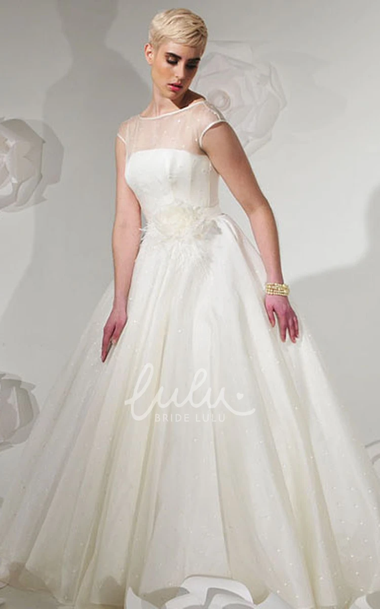 Illusion Flower Tulle Wedding Dress Ball Gown with Bateau-Neckline