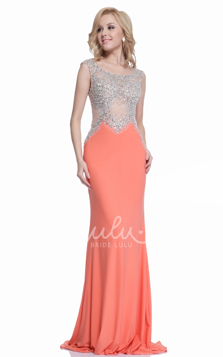 Sleeveless Jersey Illusion Formal Dress with Beading and Scoop Neck