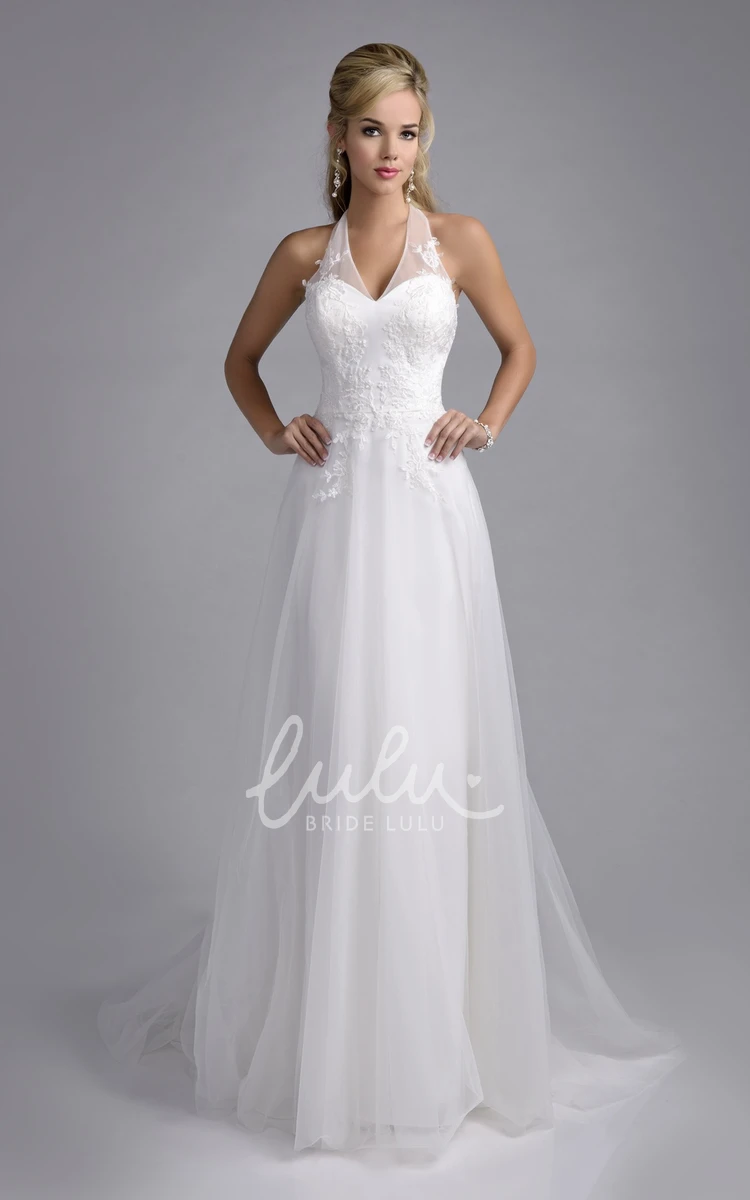 A-Line Tulle Bridal Wedding Dress with Halter Neck and Lace Appliques Classic and Timeless