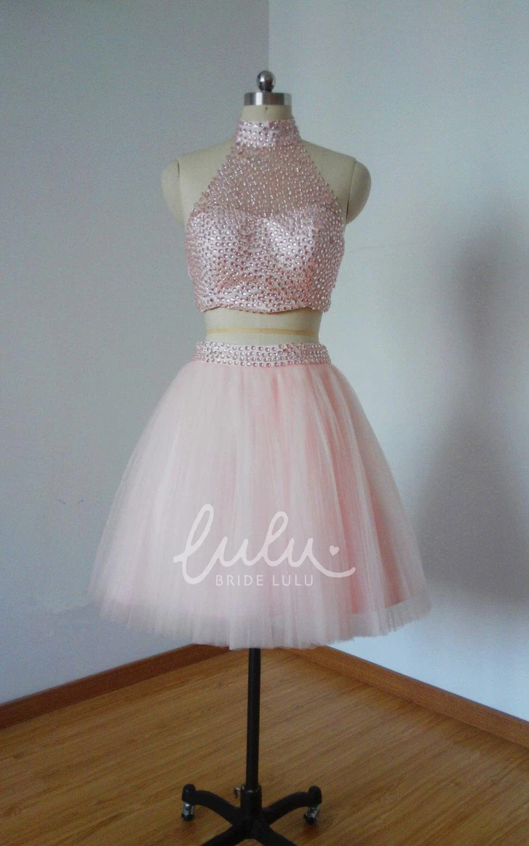 Two Piece Halter Beaded Tulle Cocktail Dress Lovely Prom Dress