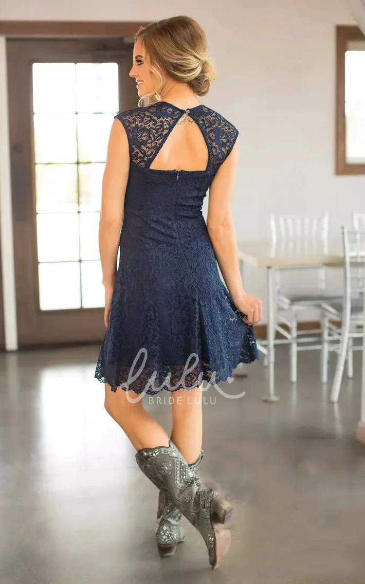 Romantic Lace Square Neck Bridesmaid Dress with Keyhole and Mini Length