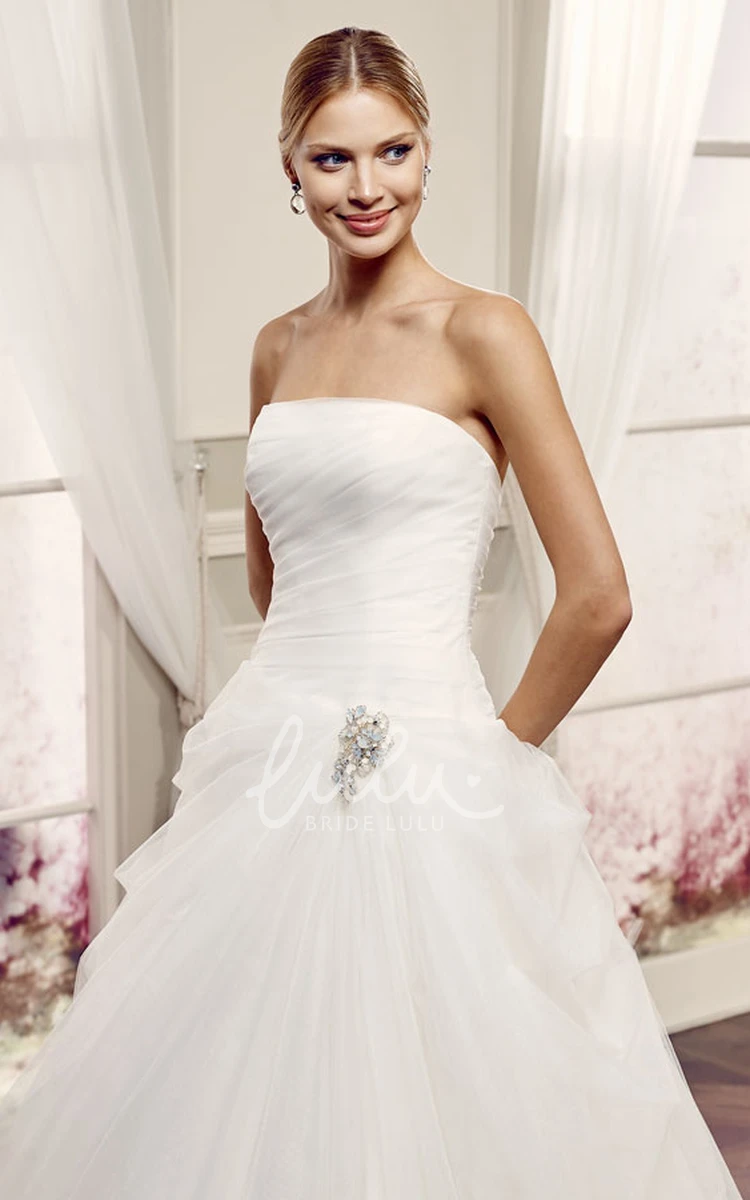 Broach Tulle Wedding Dress with Backless Style & Draping Ball-Gown Strapless Maxi