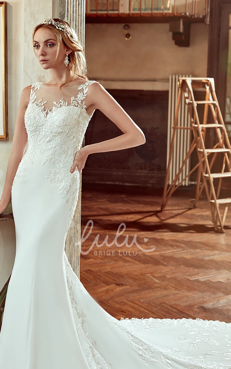 Mermaid Wedding Dress with Jewel-Neck Open-Back and Appliques