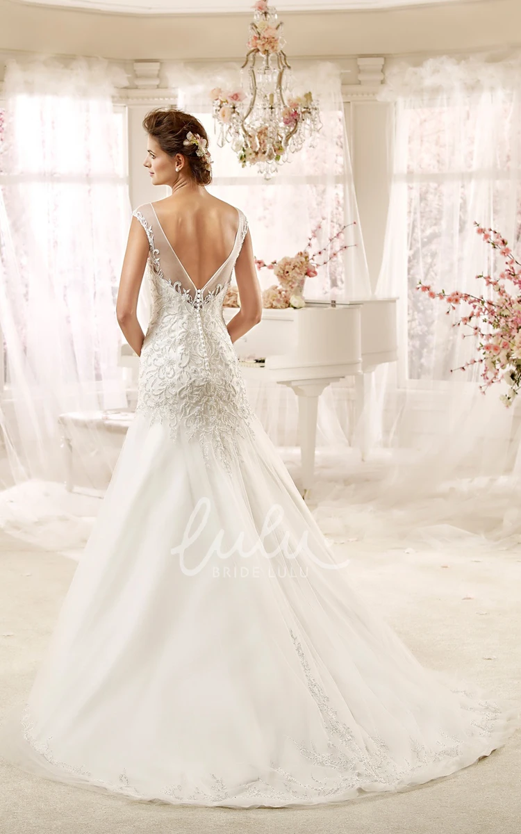 Illusion Wedding Gown with Beaded Appliques and Open Back Unique Wedding Dress