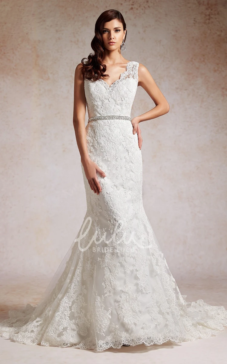 Sequin Applique V-Neck Mermaid Wedding Dress