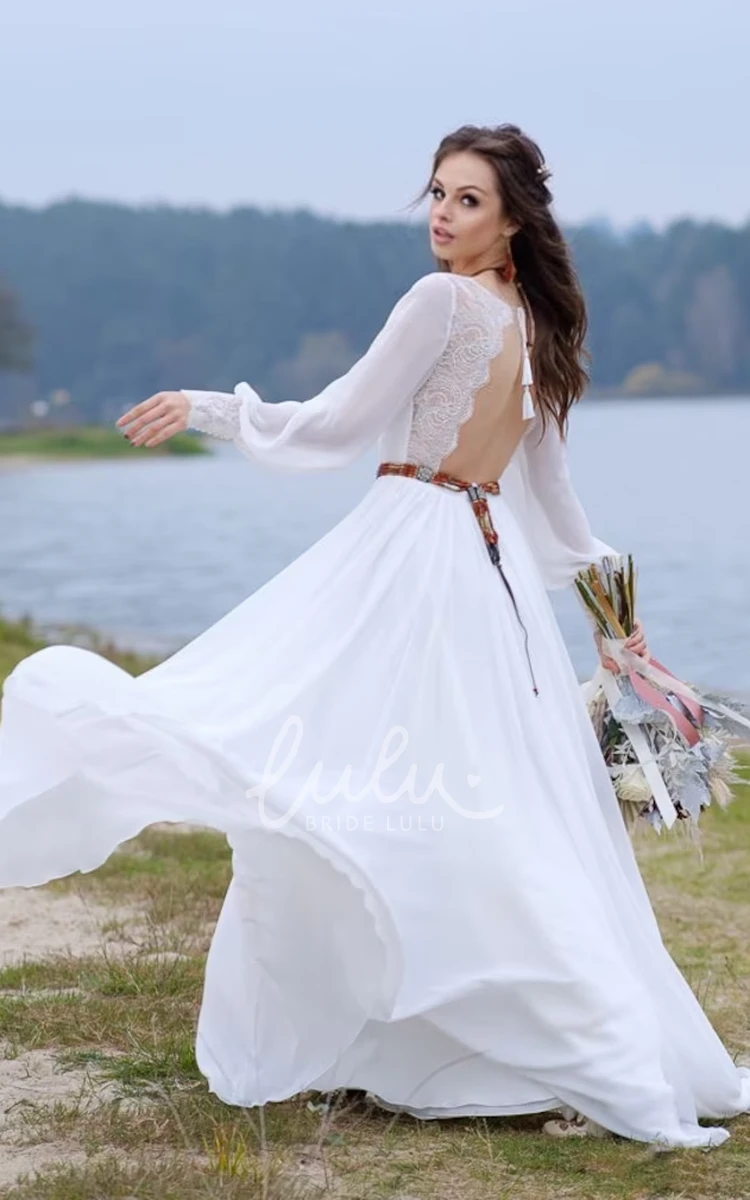 A-Line Chiffon Wedding Dress with Poet Sleeves and Keyhole Back for Country Garden Wedding Simple Unique