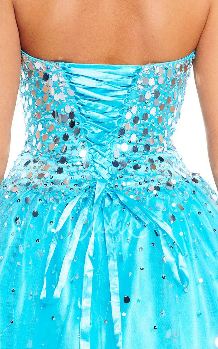 Sequined A-Line Strapless Tulle&Satin Prom Dress Sleeveless Floor Length