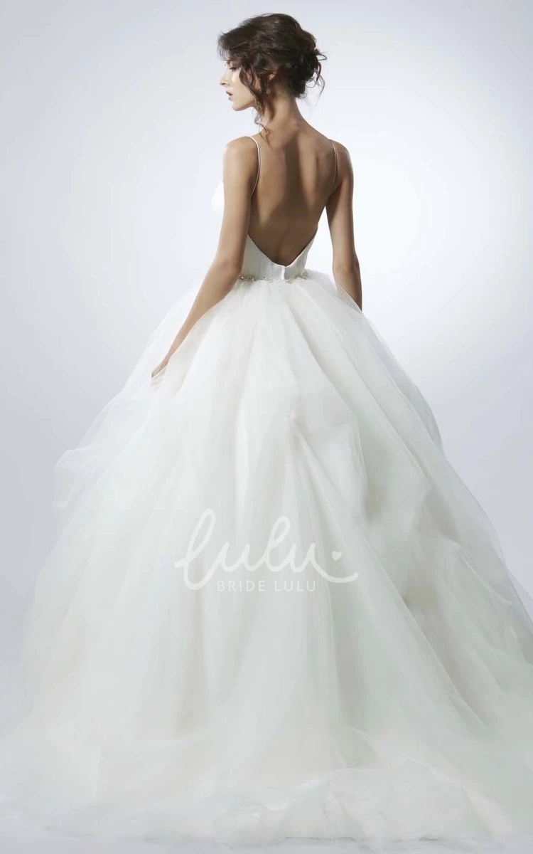 Spaghetti Jeweled Tulle Wedding Dress with Sweep Train Gorgeous Bridal Gown