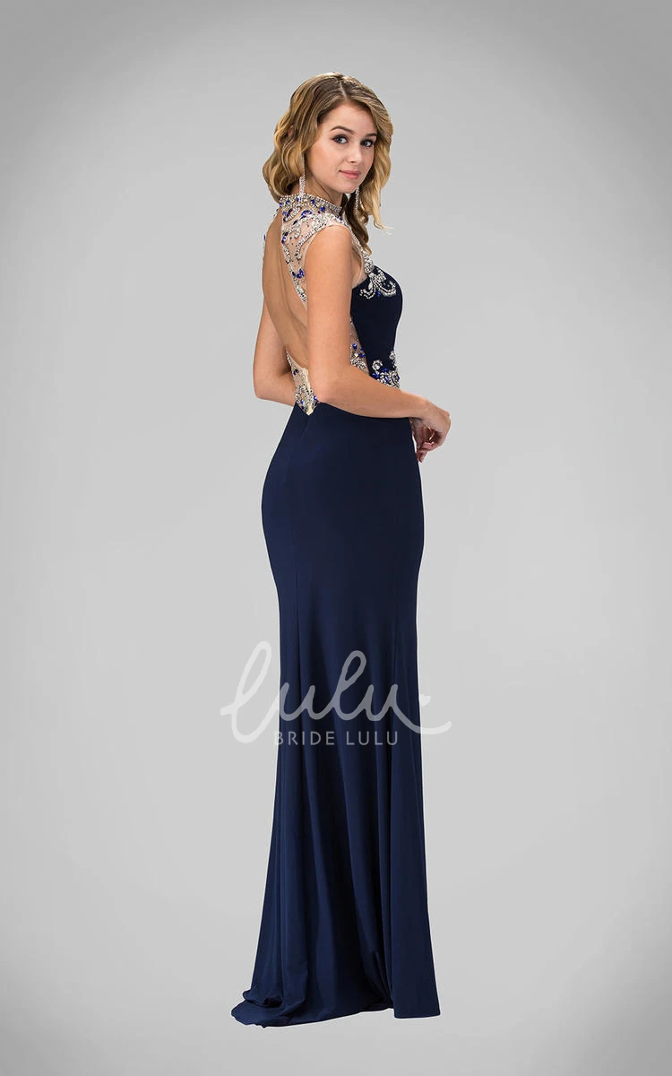 High Neck Sleeveless Jersey Formal Dress with Beading and Split Front Sheath Keyhole