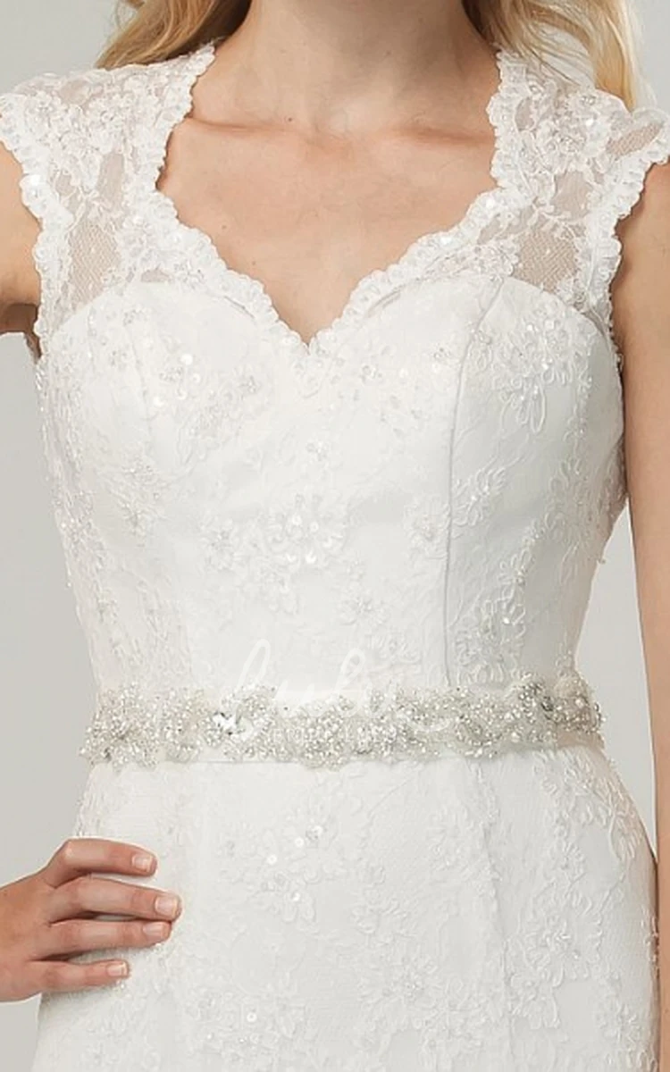 Beaded V-Neck Lace Wedding Dress with Bow and Sweep Train Elegant Bridal Gown