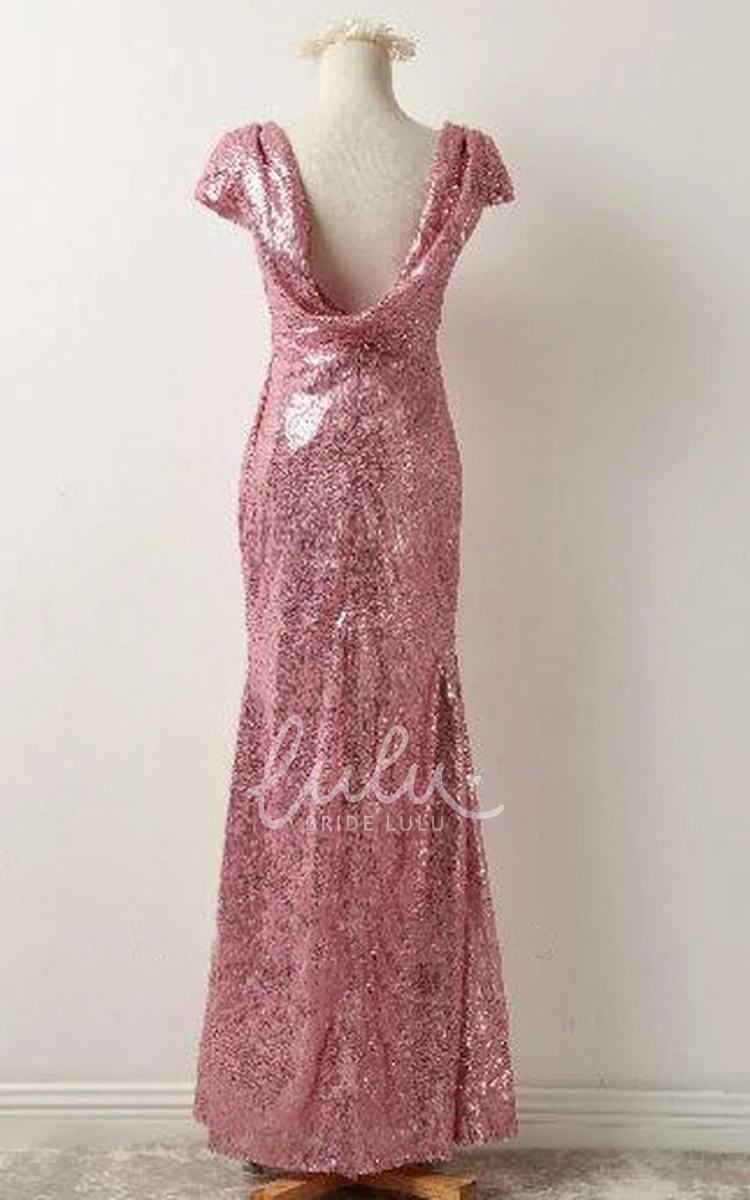 Classy Rose Gold Sequin Prom Dress Short Sleeve Bridesmaid Gown