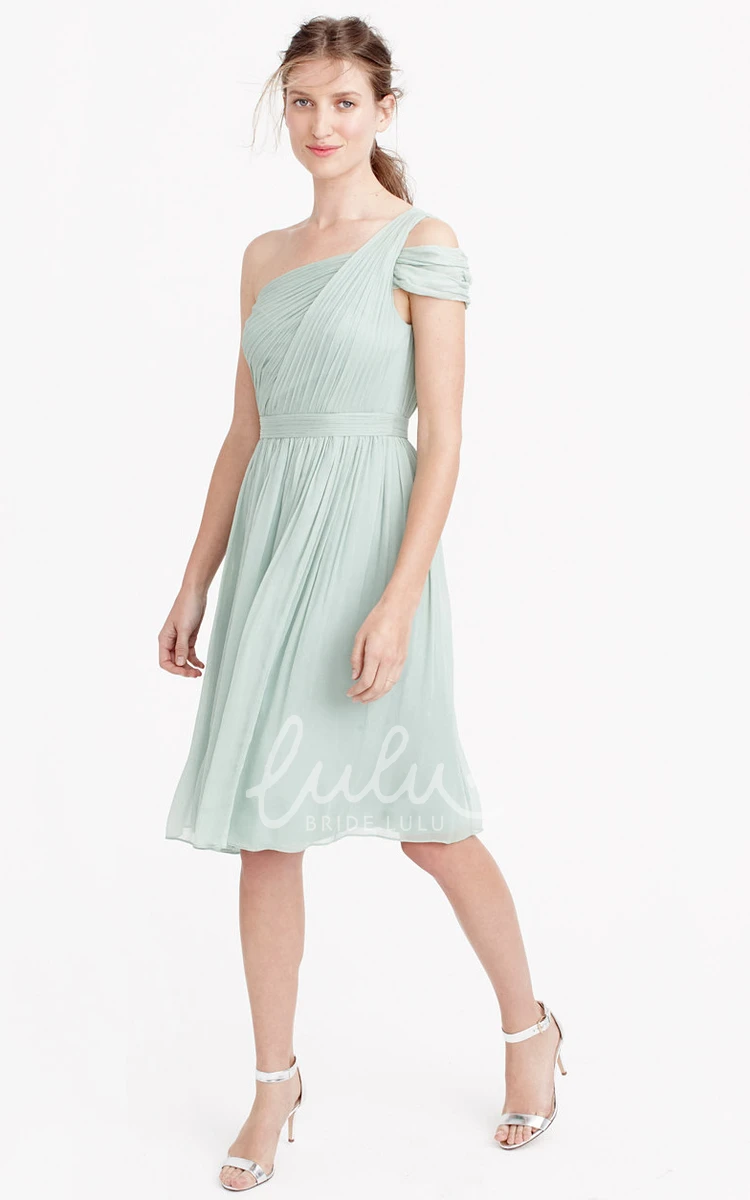 One-Shoulder Sleeveless Chiffon Bridesmaid Dress with Ruched Detail Knee-Length