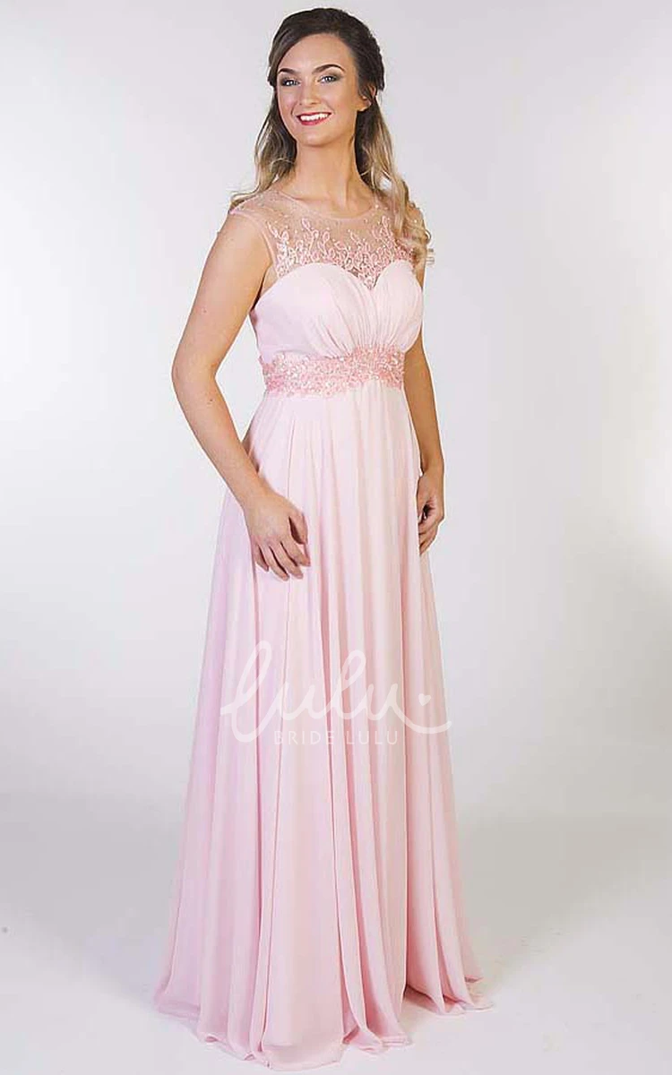 Appliqued A-Line Chiffon Prom Dress Floor-Length Cap-Sleeve Scoop Keyhole Back