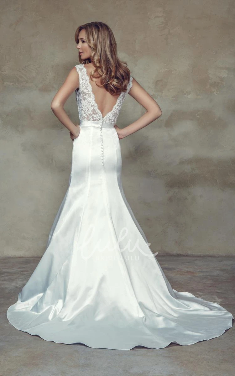 Satin Wedding Dress with Appliqued V-Neck and Beaded Deep-V Back Sleeveless Sheath