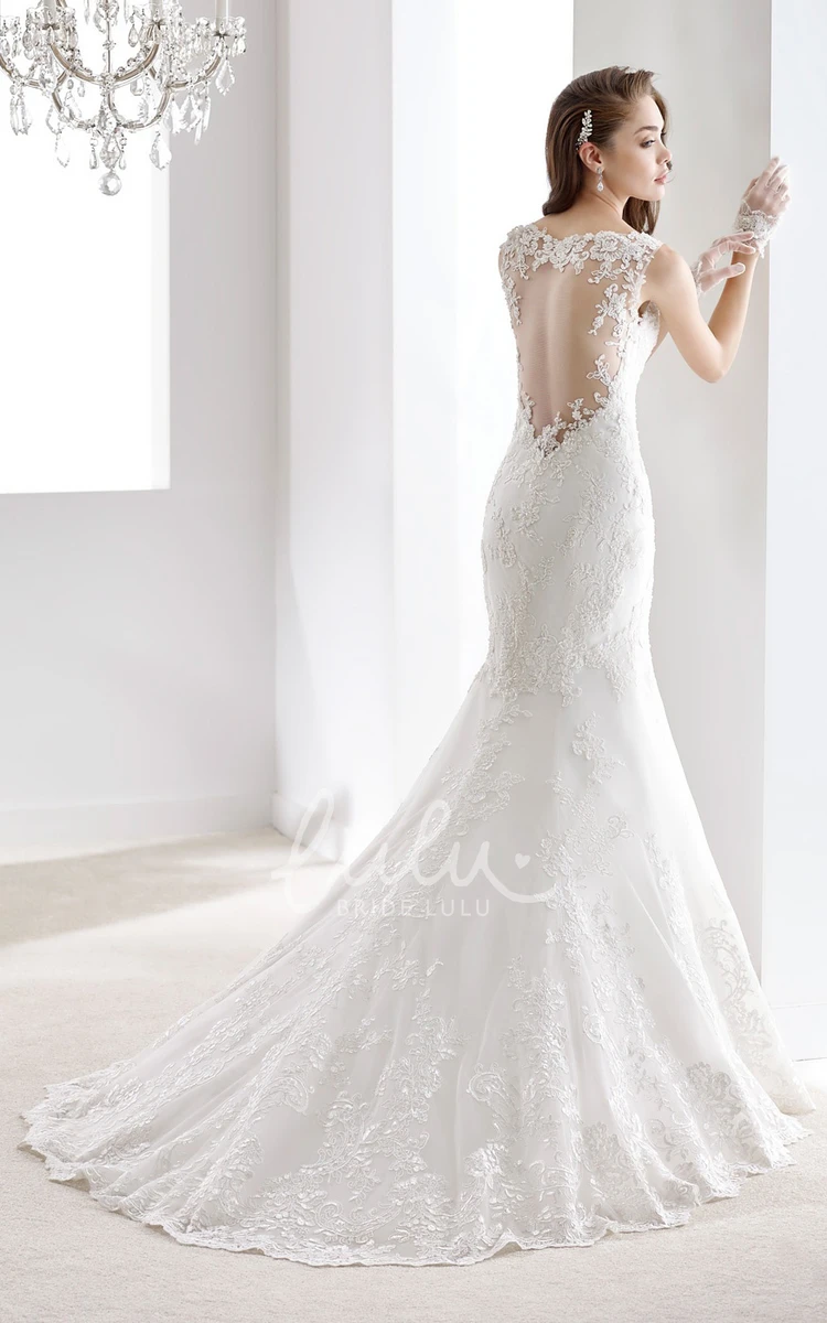 Lace Wedding Dress with Illusive Neckline and Brush Train Sheath Style