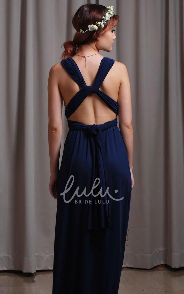 A Line V-neck Bridesmaid Dress with Open Back and Sash Ethereal Convertible Jersey