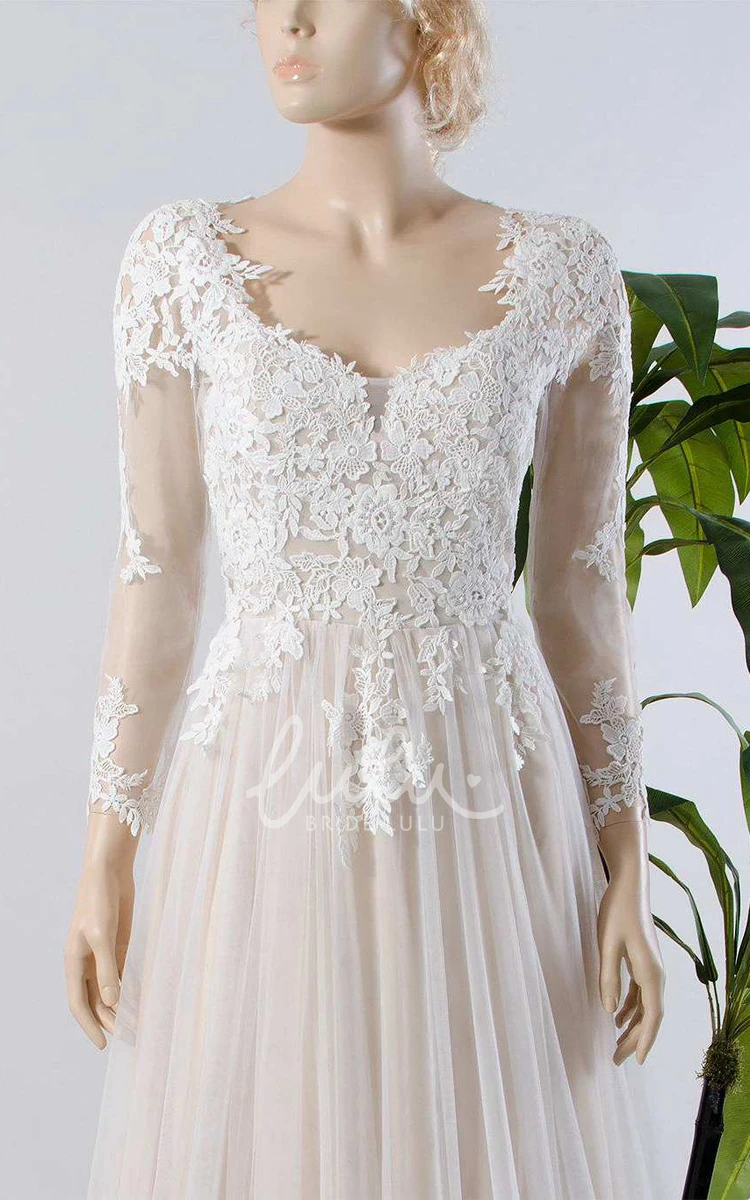 A-Line Tulle Wedding Dress with Lace Applique and Illusion Long Sleeves