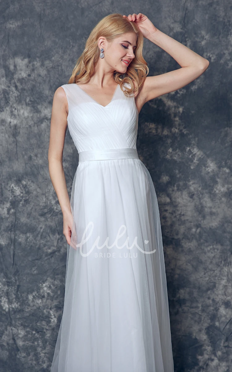 Long Tulle Bridesmaid Dress with Sash V-neck V-back Elegant