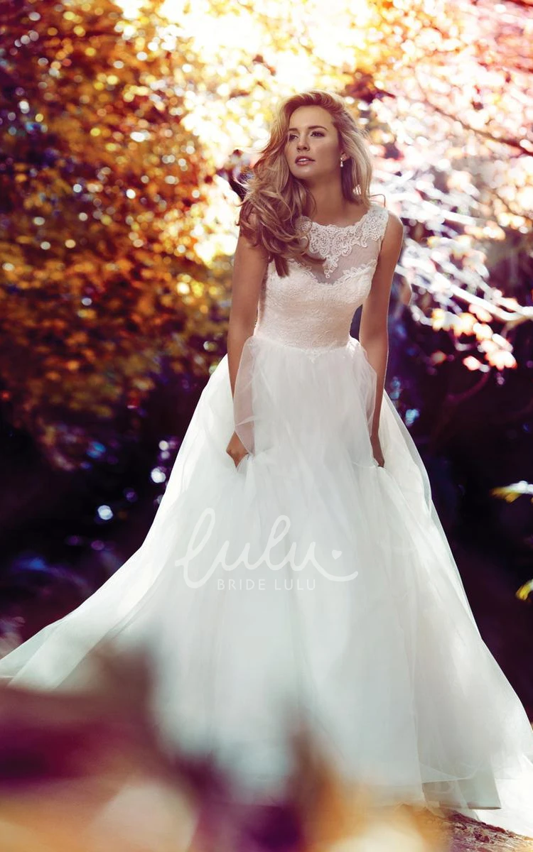 Ball-Gown Wedding Dress with Court Train and Illusion Back Sleeveless Appliqued Lace & Satin Dress