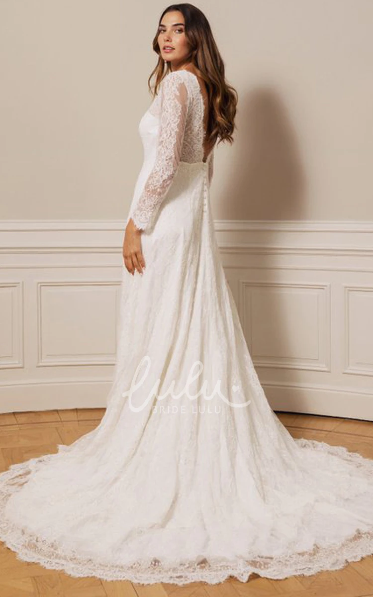 Sexy Lace A-Line Wedding Dress with Long Sleeves Deep-V Back and Court Train