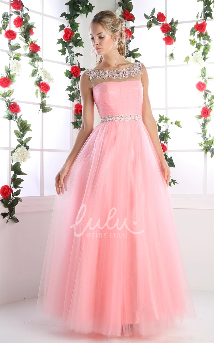 Scoop-Neck Tulle Illusion Prom Dress with Beading and Ruching