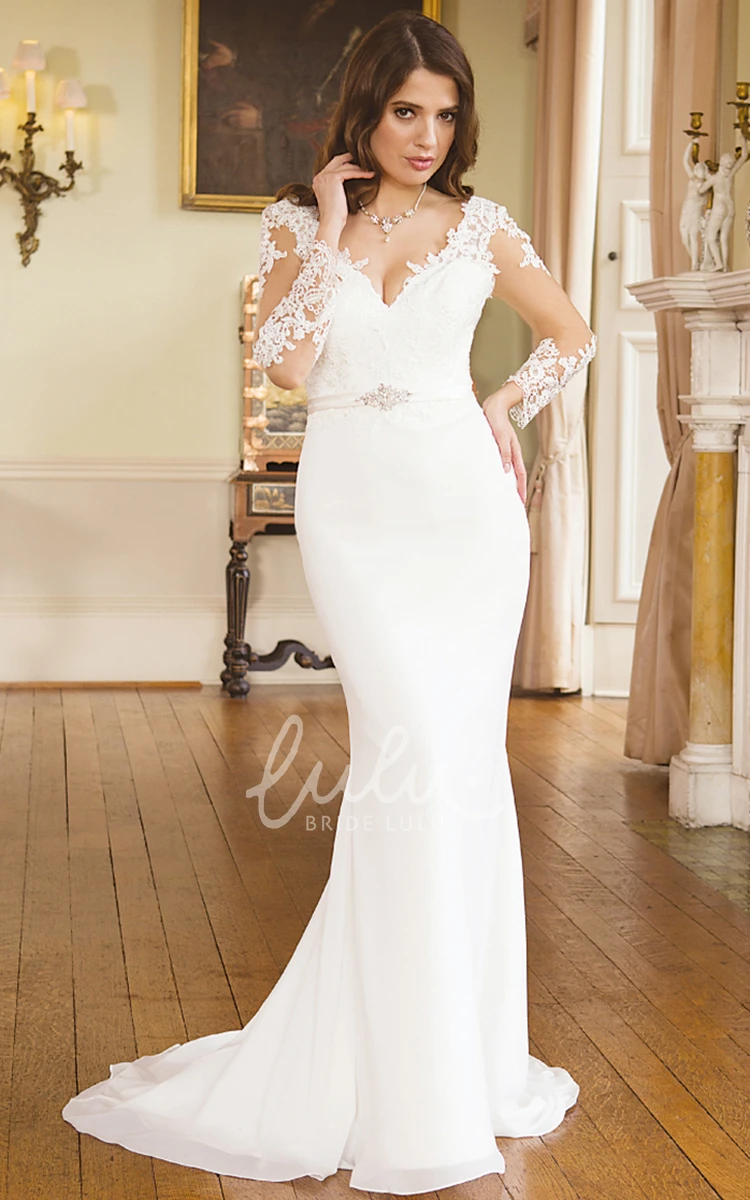 Mermaid Illusion Sleeve Wedding Dress with Chiffon Applique Stunning Bridal Gown