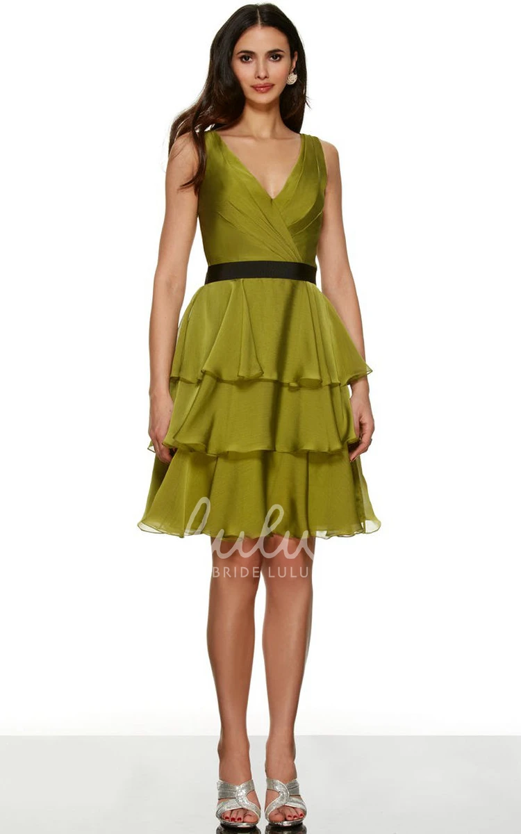 Sleeveless Chiffon Ruched Bridesmaid Dress with V-Neck Short A-Line