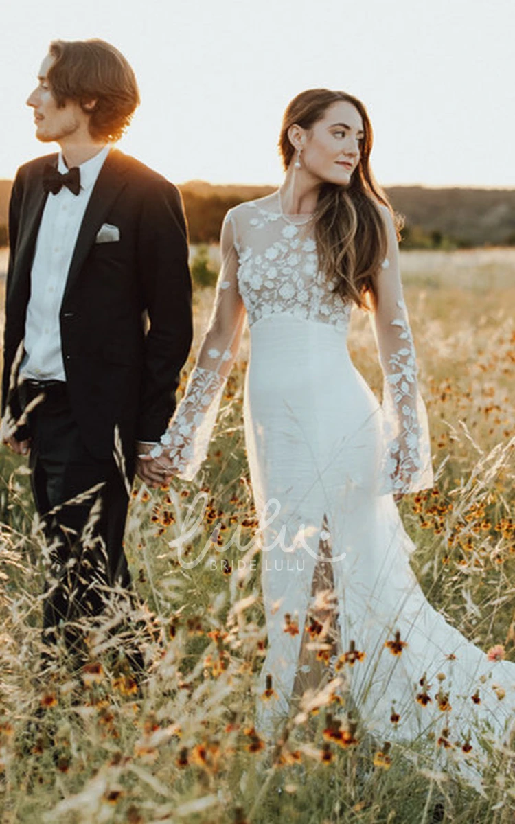 Simple Chiffon Bateau Wedding Dress with Appliques and Split Front Sheath Wedding Dress