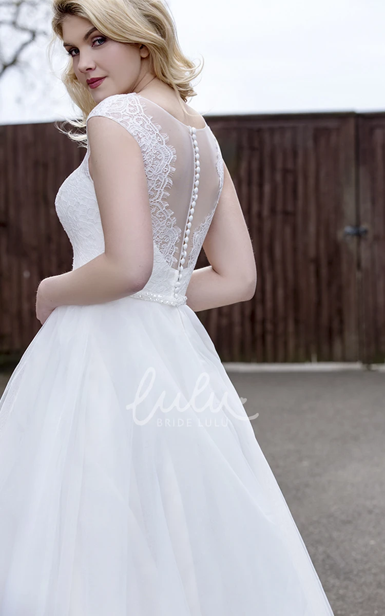 A-line Tulle Ball Gown with Illusion Lace V-neck and Back for Brides