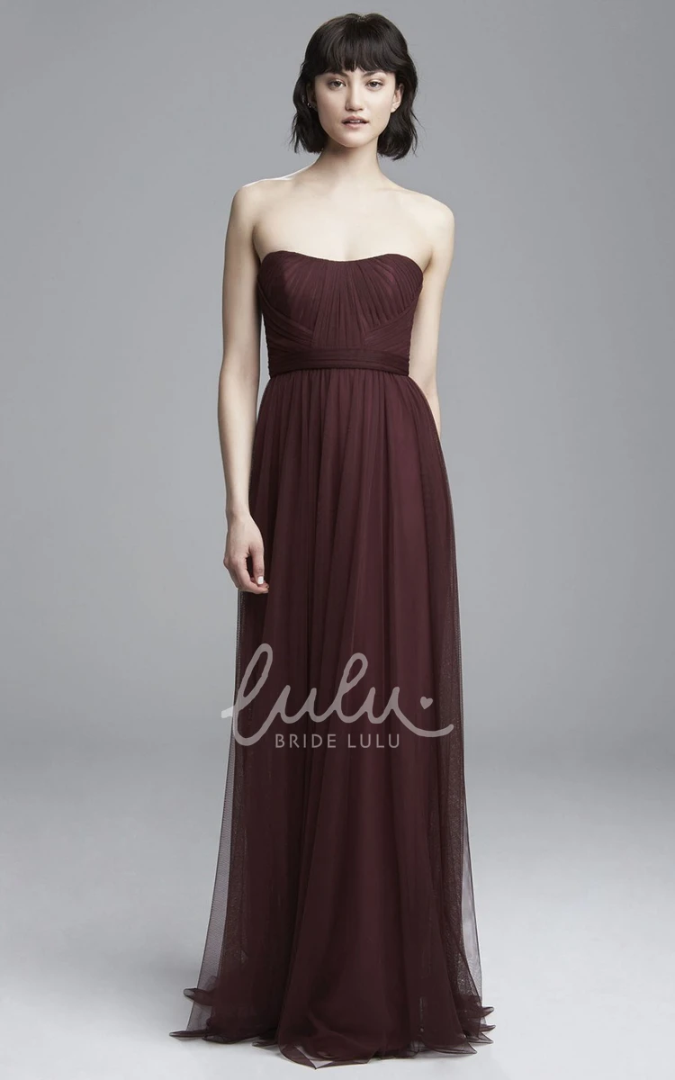 Strapless Ruched Tulle Bridesmaid Dress Floor-Length Sleeveless Sheath