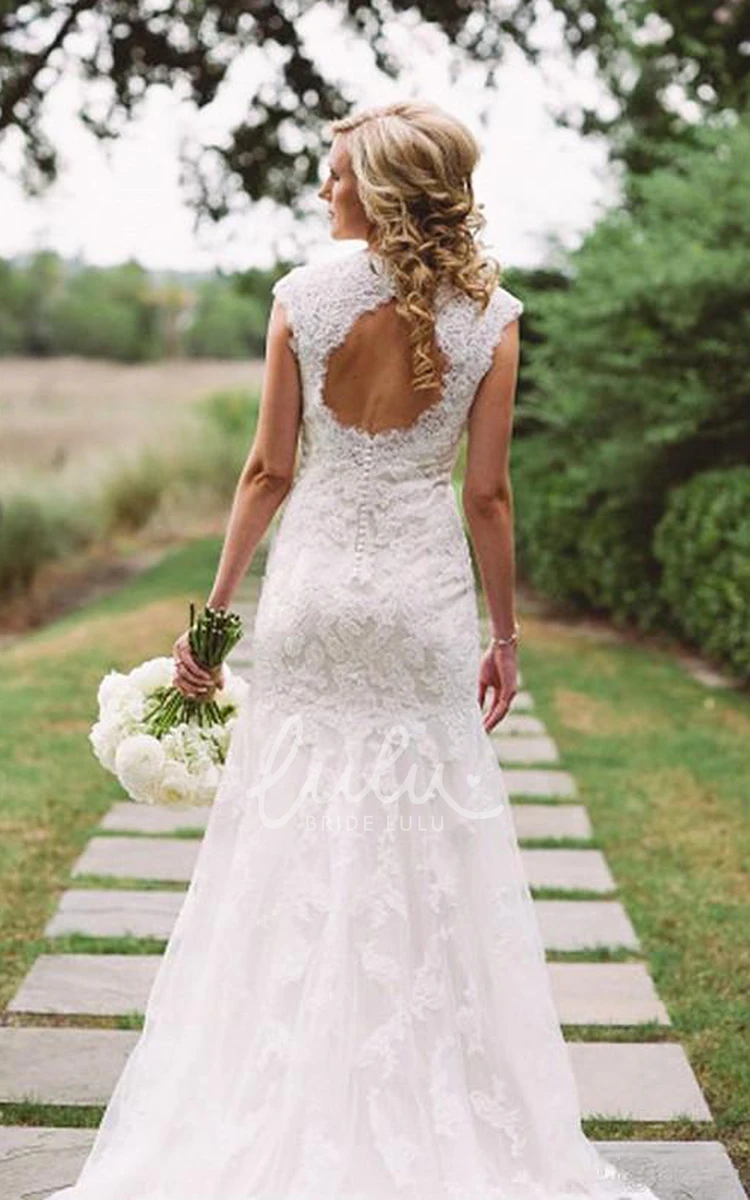 V-Neck Lace Sheath Wedding Gown with Keyhole and Zipper