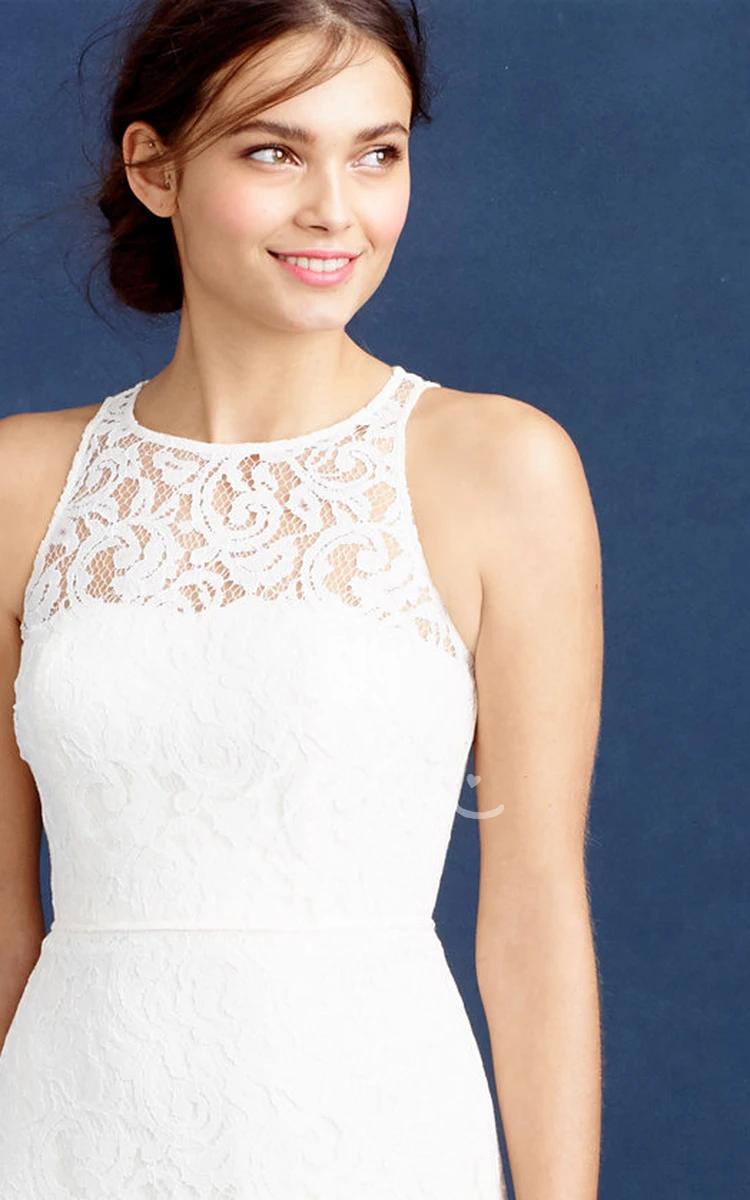 Lace Pencil Wedding Dress with Scoop Neck Sleeveless Design and Split-Back Floor-Length