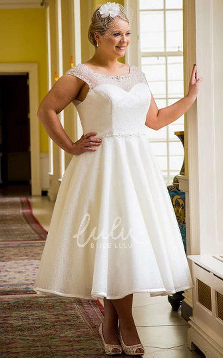 Tea Length Cap Sleeve Bridal Gown with Beaded Neck and Waist Wedding Dress