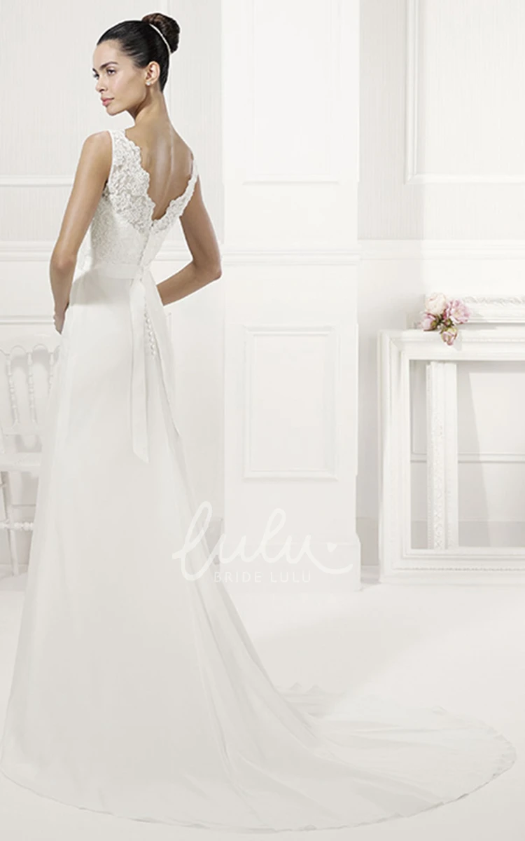 Sheath Wedding Dress with Sequined Lace Top and V-Back Sash