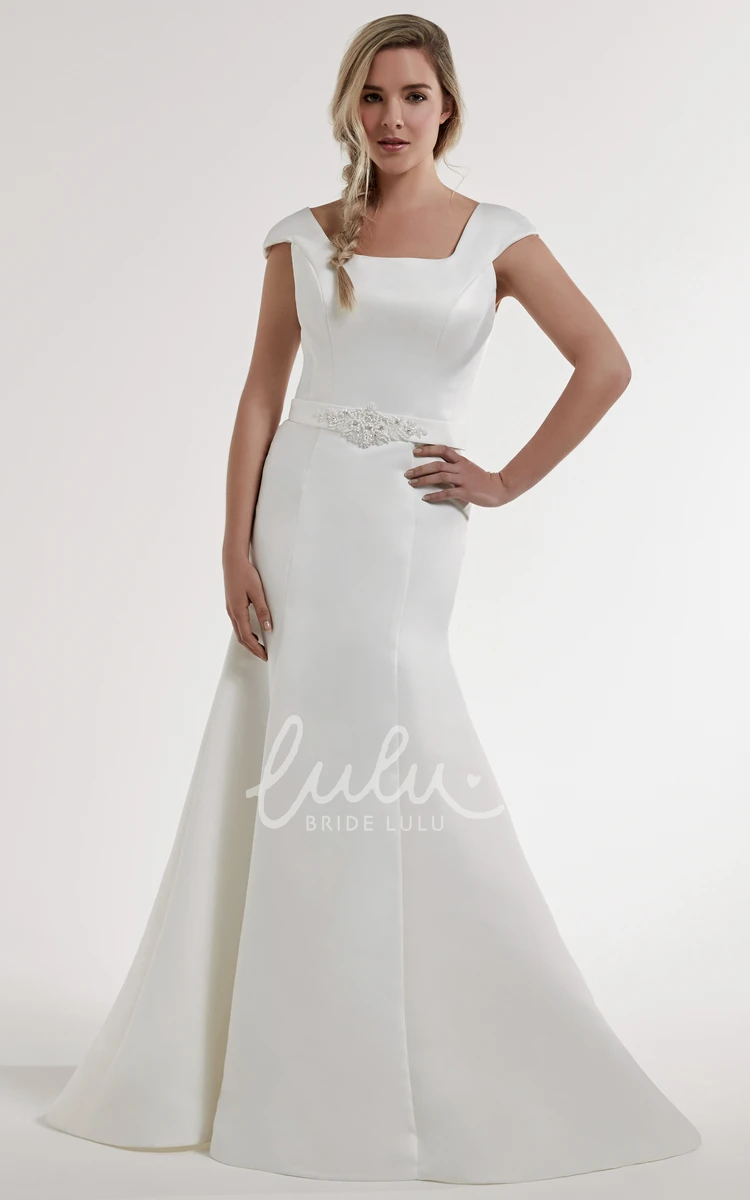 Jeweled Square-Neck Satin Wedding Dress Sheath Floor-Length Beading