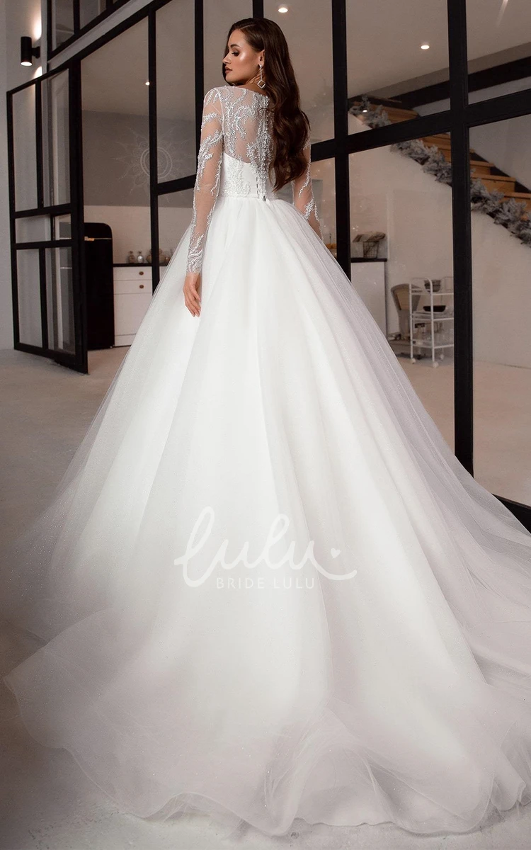 Modest A Line Tulle Wedding Dress with Long Sleeves and Beading Modern Wedding Dress