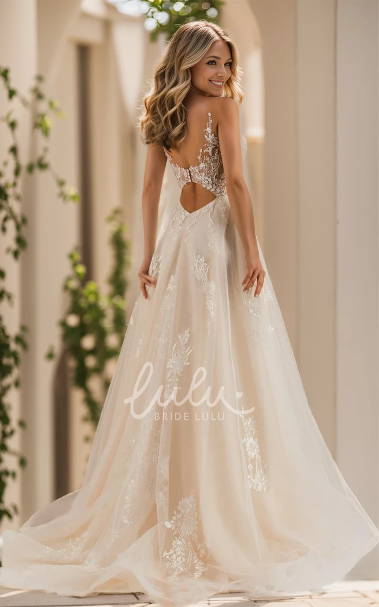 Elopement Princess A-Line Bohemian Lace Wedding Dress Sexy Flowy Fantasy Button Back Sweep Train Bridal Gown with Appliques