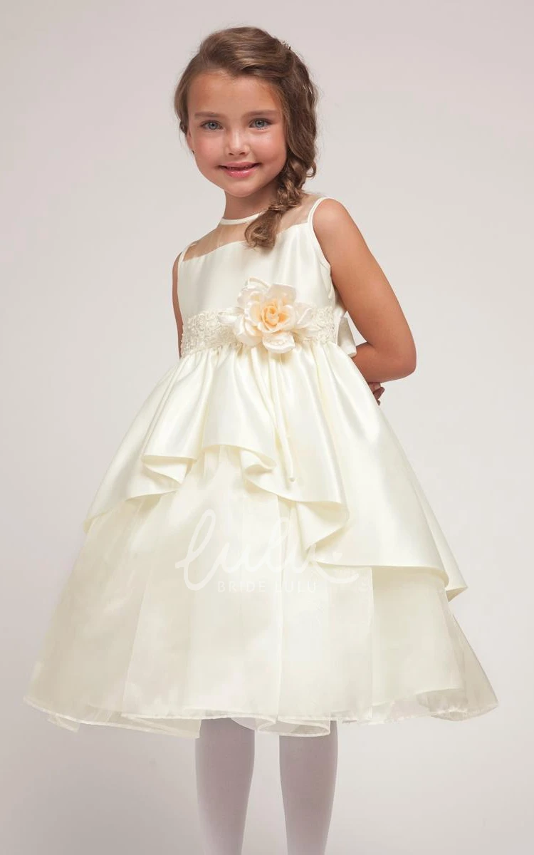 Floral Lace Sash Tea-Length Flower Girl Dress with Tiered Organza
