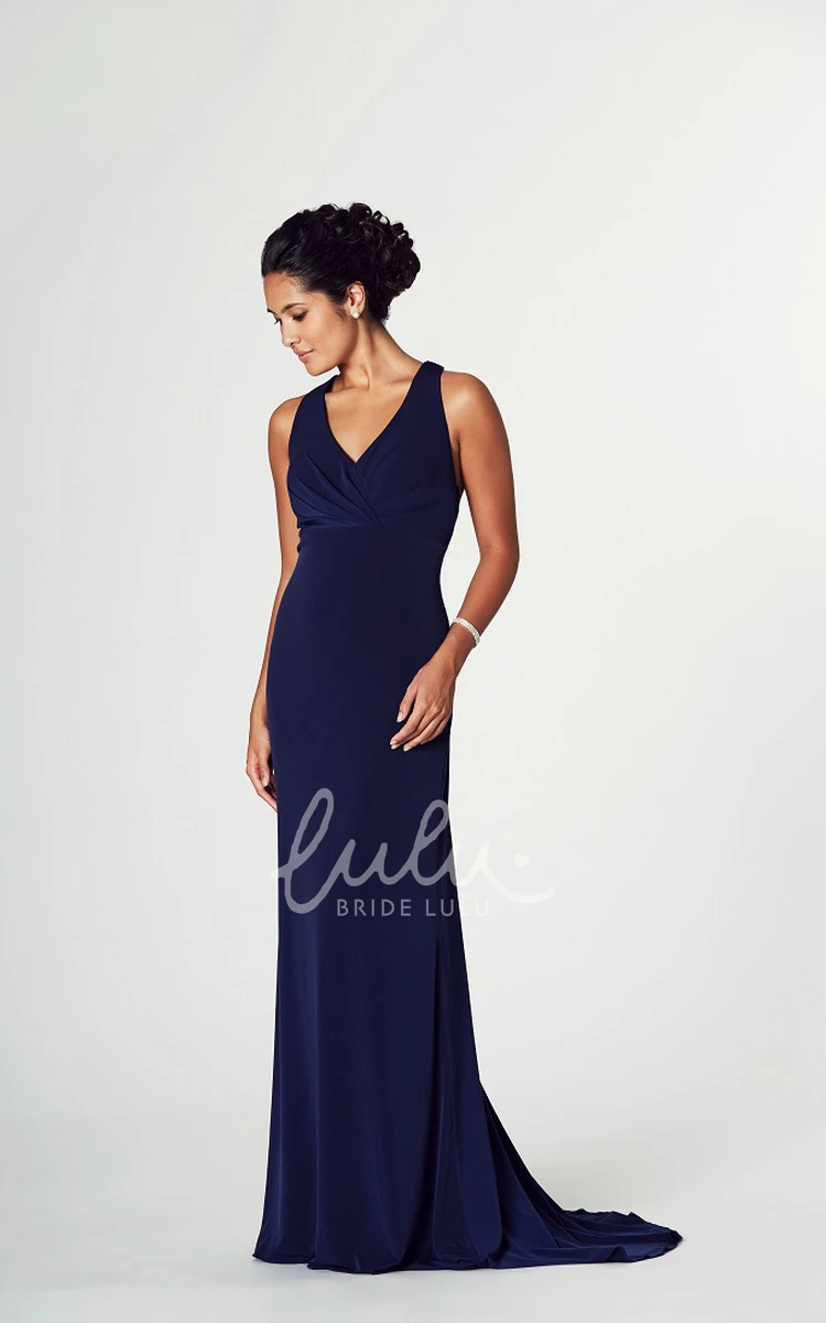 Ruched V-Neck Sleeveless Jersey Prom Dress with Brush Train